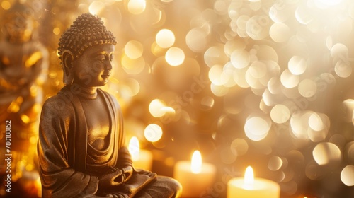 A serene Buddha statue illuminated by warm bokeh lights conveying spirituality and peace.