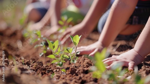 A group of children planting trees in a barren area symbolizing the positive impact of biofuels in helping restore the environment. .