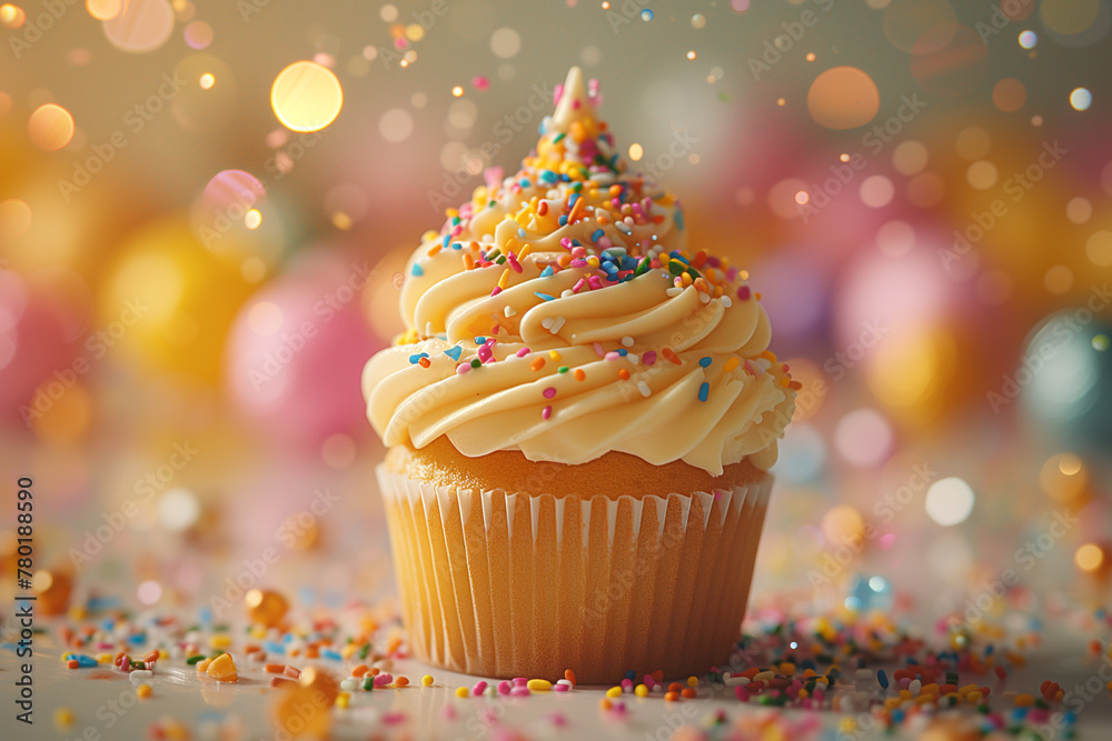 A single cupcake with golden base, creamy topping, and vibrant sprinkles, ready to be enjoyed. A single cupcake with golden base, creamy topping, and vibrant sprinkles, ready to be enjoyed.