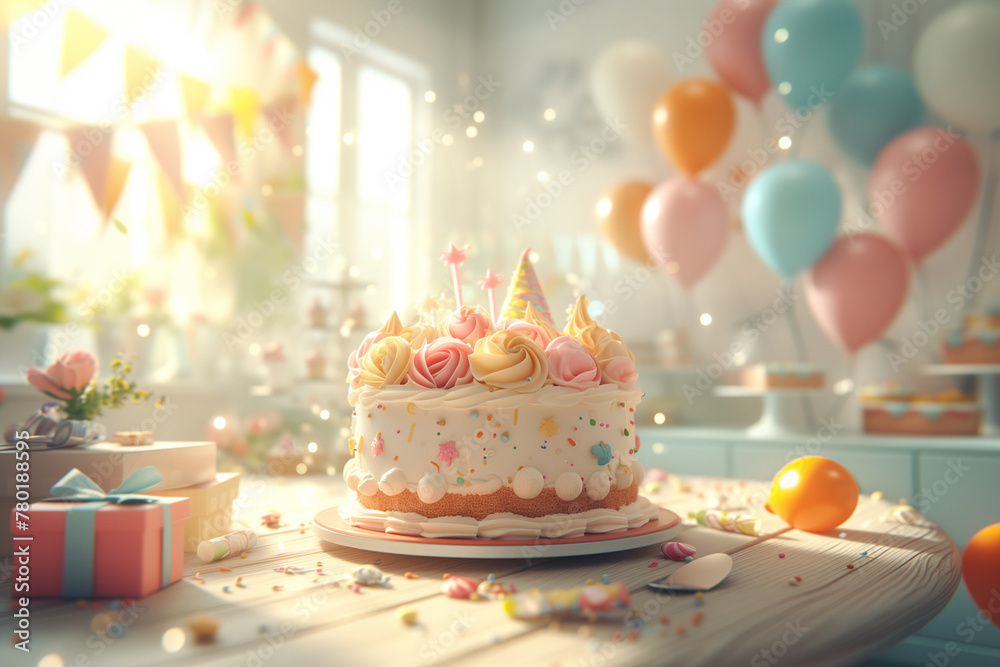 A two-tiered birthday cake adorned with rainbow sprinkles and lit candles in a celebratory setting. A two-tiered birthday cake adorned with rainbow sprinkles and lit candles in a celebratory setting.