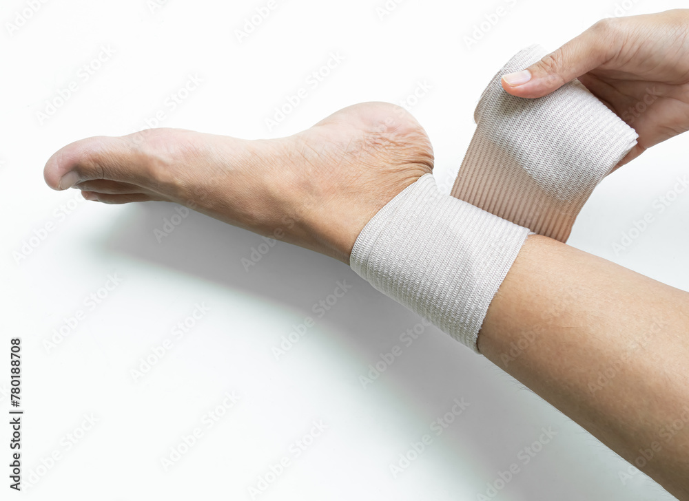 Woman Gauze Bandage Wrapping Leg Food she Ankle Sprain Broken Injured