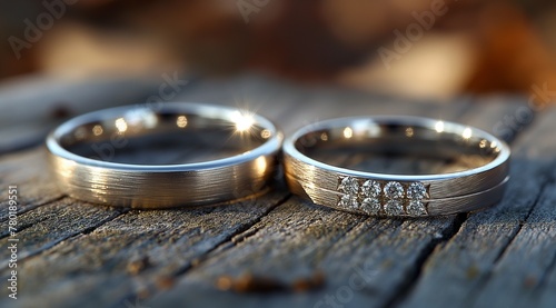 A pair of silver white gold diamond rings on a textured stone slab 
