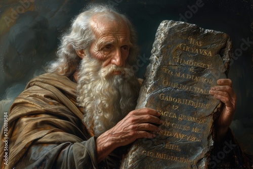 God gave Moses the Ten Commandments on Mount Sinai, a pivotal moment in biblical history, divine revelation and moral guidance to Moses for the human spiritual journey. photo