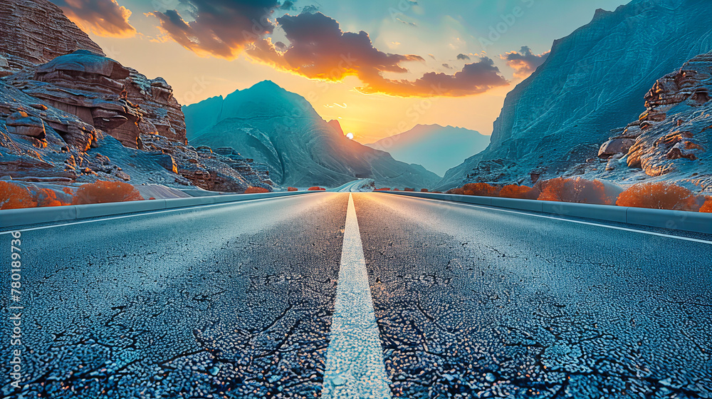 Serene Road Journey through Picturesque Countryside, Sunset Illuminating the Highway with Mountains in the Distance - obrazy, fototapety, plakaty 