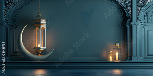 Ramadan Kareem Islamic Design With Crescent Moon Realistic 3d Hanging Arabic Lantern With Podium Background