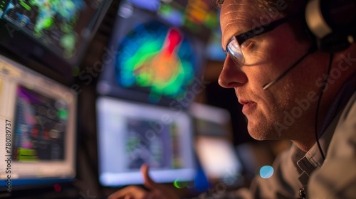 In a room filled with scientific equipment and technology a meteorologist carefully collects and yzes data to identify potential patterns that could impact future weather events. .