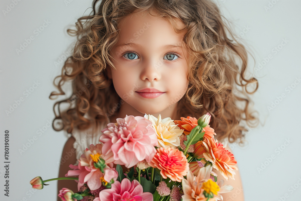 Young Girl Holding a Bouquet of Flowers for Mother's Day Young Girl Holding a Bouquet of Flowers for Mother's Day