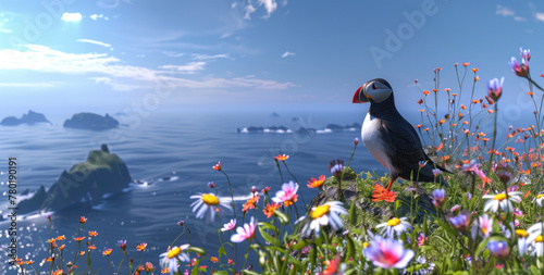 A cute puffin perched on the edge of an ocean cliff, overlooking beautiful blue waters and rugged cliffs covered in wildflowers. photo