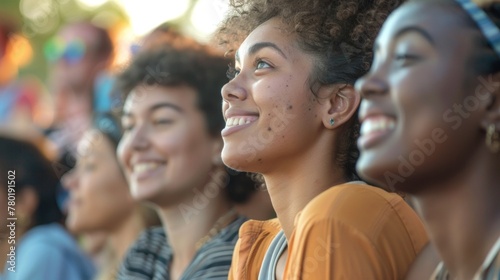 A group of excited festivalgoers listening intently to a speaker on a stage as they educate themselves on the benefits of using biofuel as an alternative to traditional fossil fuels. .