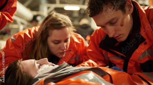 In a simulated disaster scenario a group of paramedic trainees work together to triage and treat injured volunteers showcasing the teamwork and quick thinking required in their future .