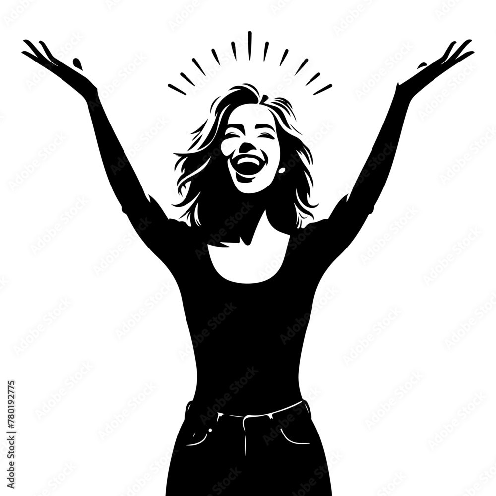 minimalist Photo of excited cheerful woman wear shirt smiling open mouth rising arms palms isolated vector black color silhouette, Black color silhouette png white background (1)