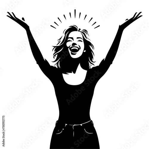 Obraz na płótnie minimalist Photo of excited cheerful woman wear shirt smiling open mouth rising arms palms isolated vector black color silhouette, Black color silhouette png white background (1) w salonie