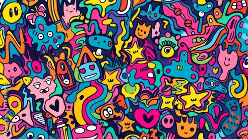 Colorful Doodle Art with Cute Characters