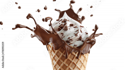 ice cream cone with liquid chocolate splash explosion isolated on white background, chocolate ice cream promotion advertisement 