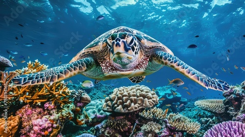 Photo of a green turtle swimming gracefully over a vibrant coral reef  Generative Ai photo