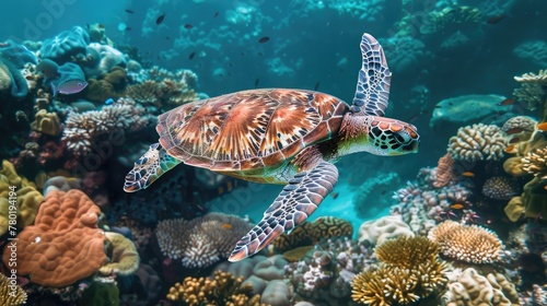 Photo of a green turtle swimming gracefully over a vibrant coral reef Generative Ai