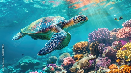 Photo of a green turtle swimming gracefully over a vibrant coral reef Generative Ai