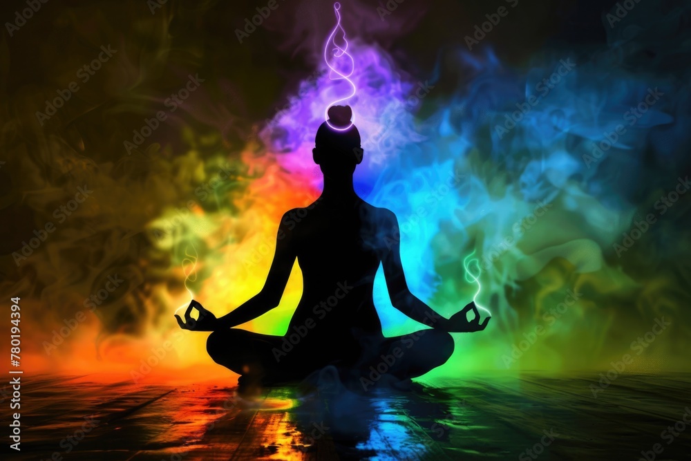 Meditative silhouette against vibrant aura, embodying mindfulness and spiritual awakening