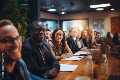 A group of people are sitting at a table, some of them wearing glasses