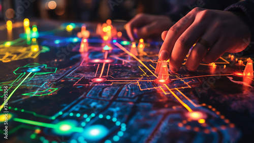 Hands interacting with a vibrant, illuminated city map with glowing markers.