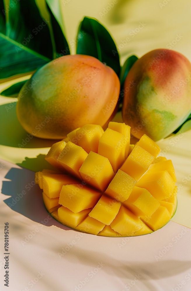 Delicious ripe mangoes with artistic cut on with leaves Delicious ripe mangoes with artistic cut on with leaves