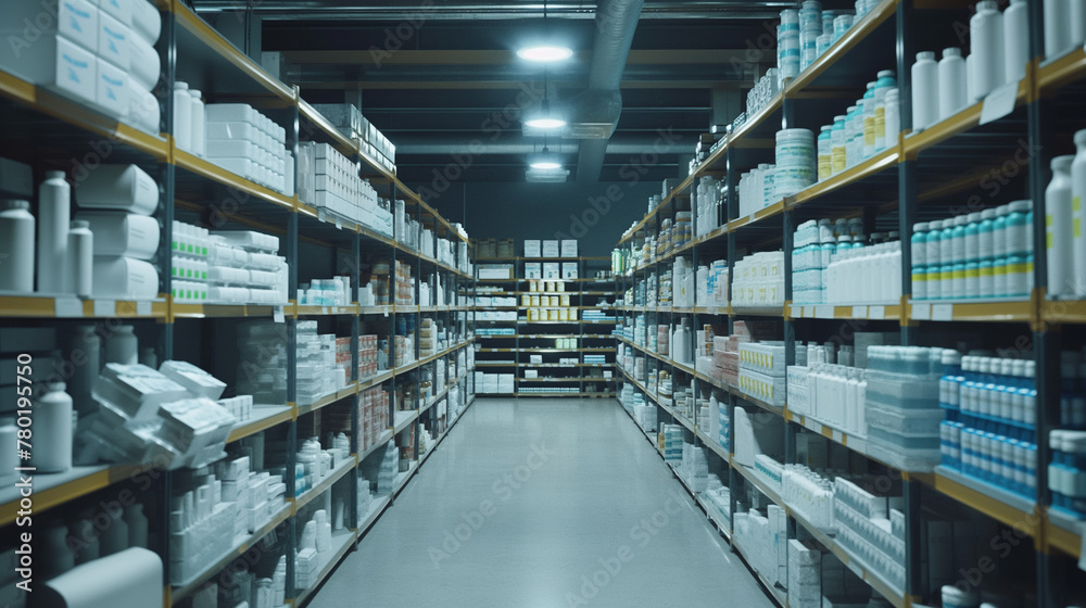 medicine stored on shelves in warehouse