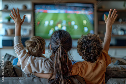 Back view of mother and children watching football game on tv at home, celebrating with arms up. Generative AI.