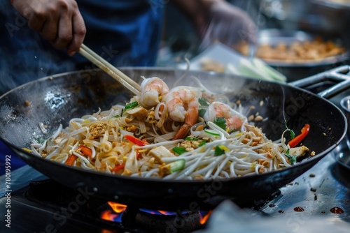 Chef Stir-frying Noodles with Shrimp and Vegetables in a Wok Over High Flame