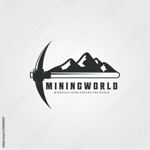 mining world with pickaxe logo vector vintage illustration design, tool or equipment mining logo design