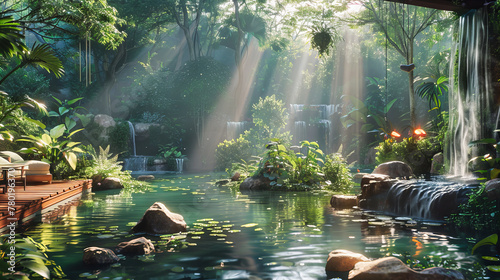 Tranquil Waterfall in a Dense Forest  Natures Marvel Showcasing Serenity  Purity  and the Lush Beauty of the Wilderness
