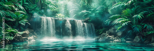 Tranquil Waterfall Oasis in a Lush Green Jungle  the Essence of Natural Purity and the Serenity of Hidden Paradises