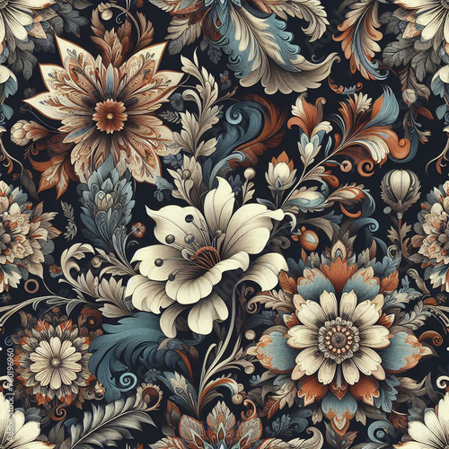 Spring flowers elegant beautiful floral seamless pattern of fabric hand-painted flowers baroque dark vintage decoration wallpaper background