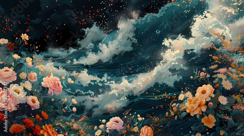 Digital sea surrounded by flowers illustration poster background © jinzhen