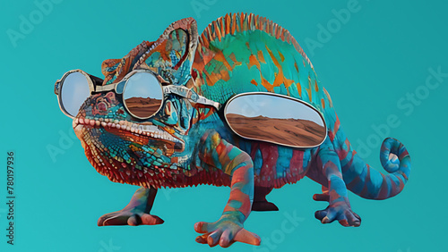 Colourful Chameleon Wearing Glass ,closeup ,Chameleon Sitting ,nature ,reptile ,lizard ,dragon , animal ,green , branch ,illustration ,Generative Ai