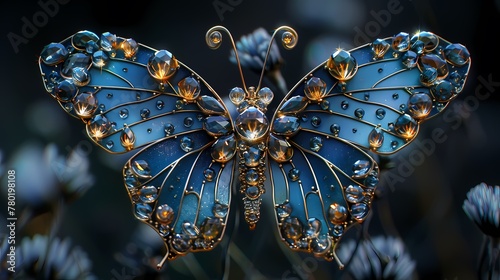 Blue crystal gem flying butterfly poster background