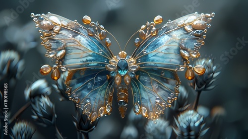 Blue crystal gem flying butterfly poster background © jinzhen