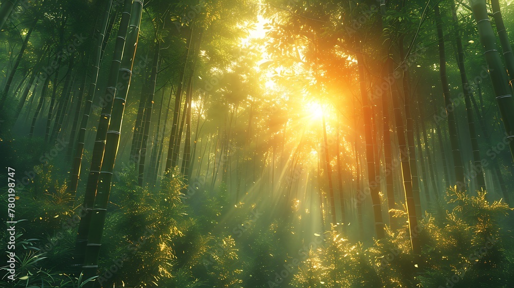 A dense bamboo forest, the sun casting light and shadow through the tall, swaying stalks.