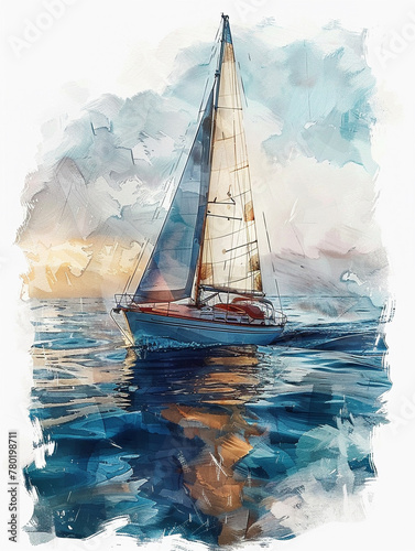 Sailboat Cruising at Sea Watercolor Art