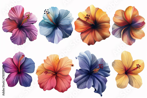 Collection of Colorful Hibiscus Flowers Watercolor Illustrations