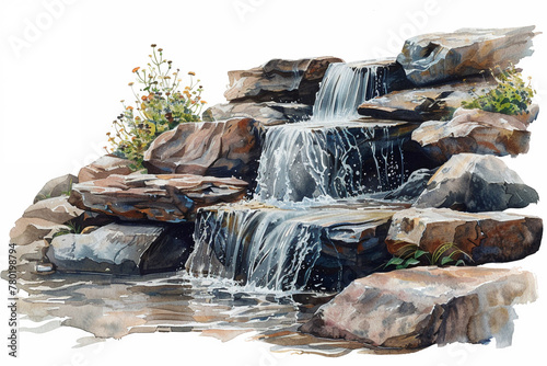 Tranquil Watercolor Waterfall Landscape