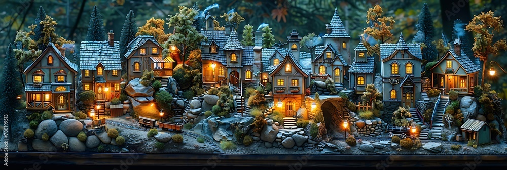 A detailed miniature model town, complete with tiny houses, trains, and trees, under soft lighting