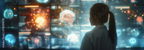 A doctor in front of an interactive digital display showing medical data and AI generated diagrams 