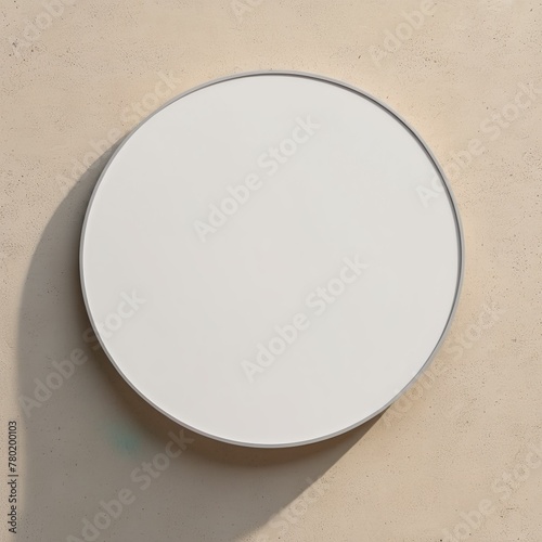 Circular sign board mockup on beige concrete wall outside, empty display