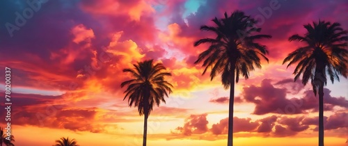 Summer Palm trees during sunrise time  Colorful clouds