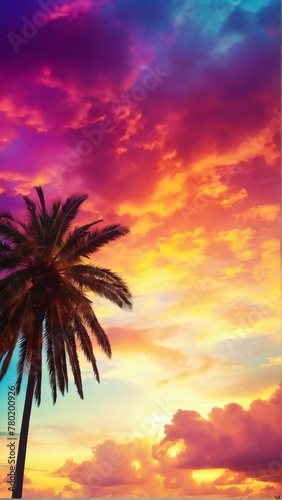Summer Palm trees during sunrise time, Colorful clouds © Tayyab