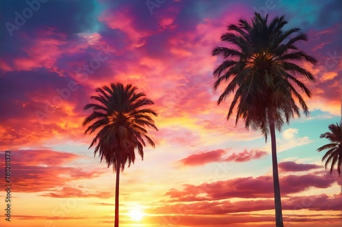 Summer Palm trees during sunrise time, Colorful clouds