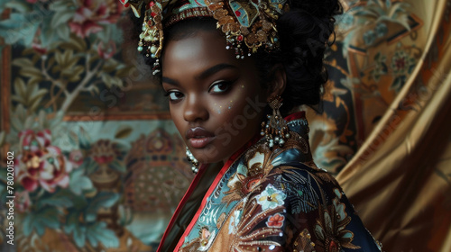 A stunning black woman poses in a traditional Easterninspired outfit adorned with delicate floral patterns and intricate embroidery. Her striking headdress and regal posture embody . photo