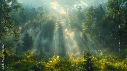 A foggy morning in a pine forest, with sunlight streaming through the mist, creating beams of light