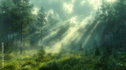 A foggy morning in a pine forest  with sunlight streaming through the mist  creating beams of light