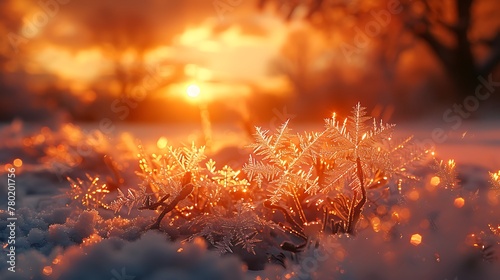 A frost-covered window  with delicate ice crystals forming intricate patterns against a sunrise backdrop